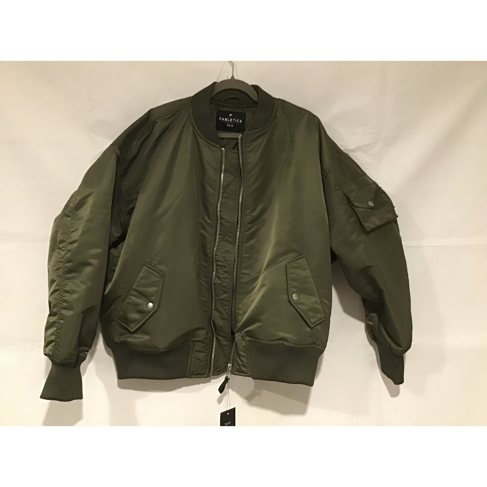 Fabletics Women Olive Green Satin Bomber Jacket XXL 1X Full Zip Utility Pocket